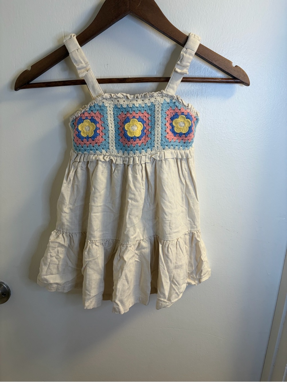 Haute Hippie Kids Girls 3T Crochet Granny Square Floral Cream Boho Dress